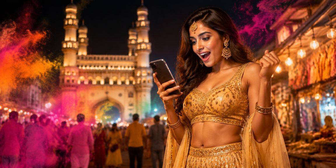 An Indian woman in lehenga placing sports bets on mobile in Hyderabad