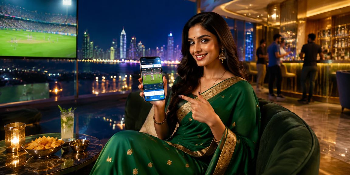 Young Indian woman betting on cricket wearing traditional saree